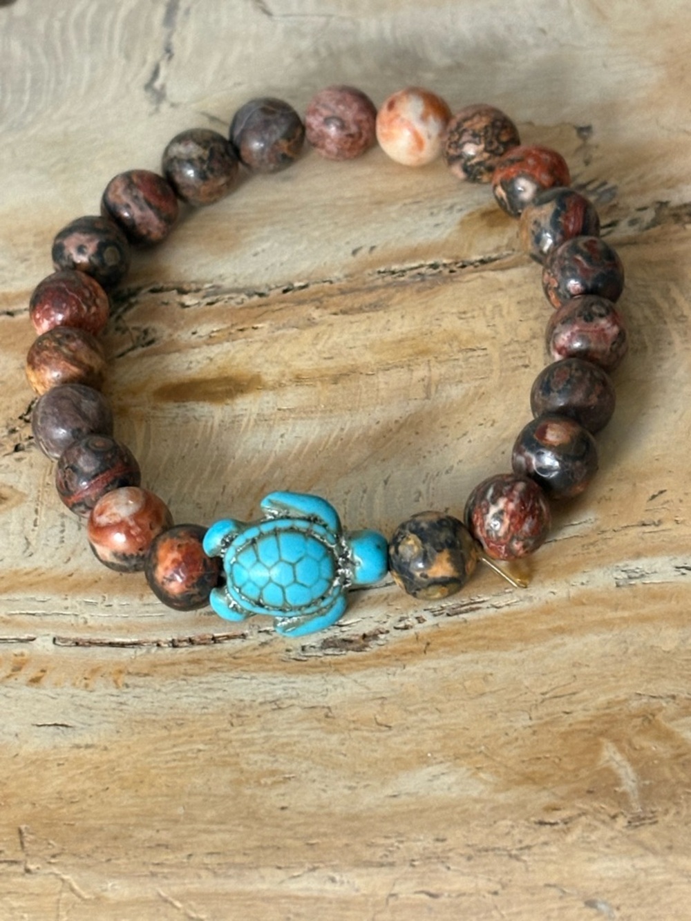 Turquoise Turtle Leopard Skin Jasper Beaded Stretch Bracelet